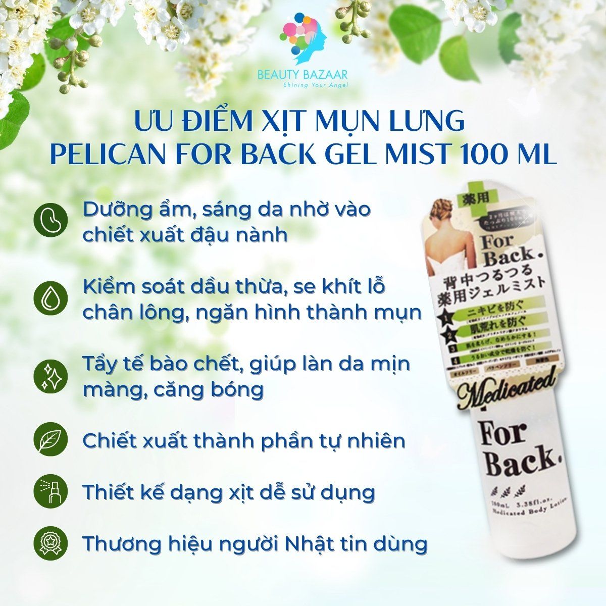 Xịt dưỡng da làm giảm mụn vùng lưng Pelican For Back Gel Mist dạng gel xịt thẩm thấu nhanh Nhật Bản 100ml
