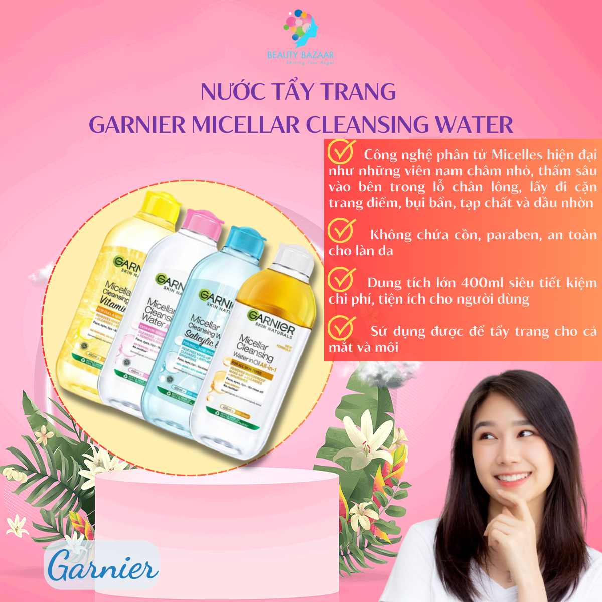 Nước tẩy trang dịu nhẹ sạch sâu Garnier Micellar Cleansing Water - vàng, xanh và hồng chính hãng 400ml