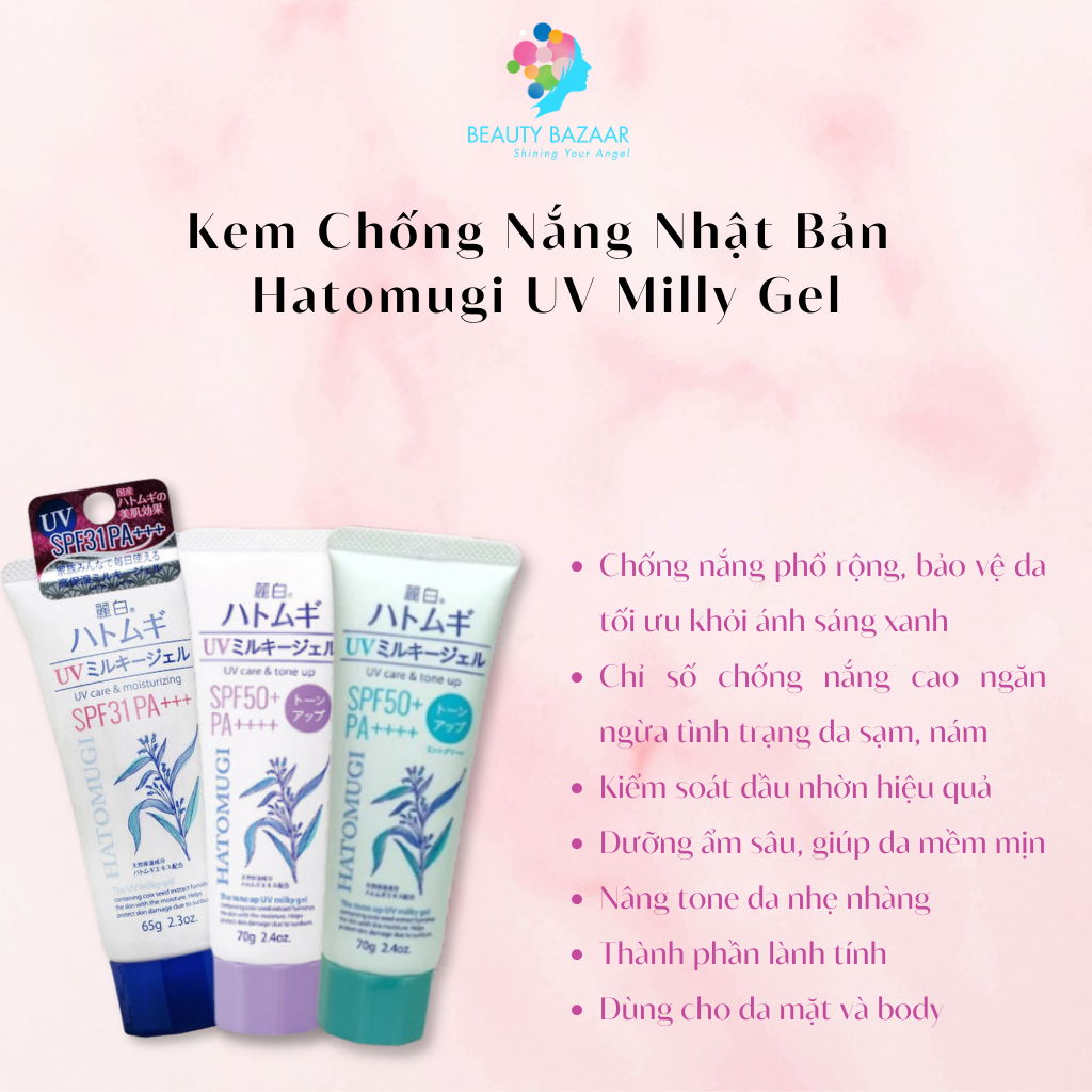Kem chống nắng Hatomugi nâng tone da dầu mụn da khô chống nắng phổ rộng da mặt và body Nhật Bản 70g 80g