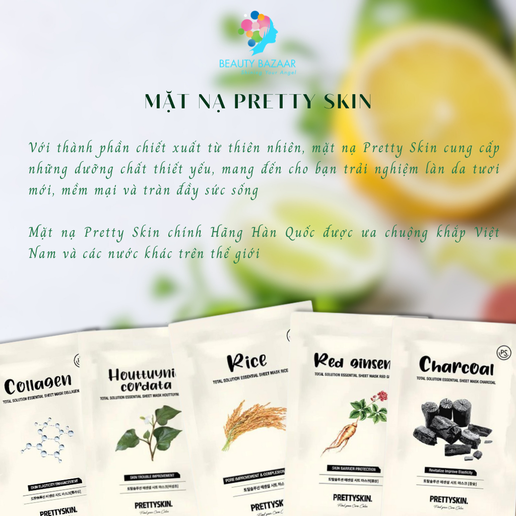 Mặt nạ giấy dưỡng ẩm, dưỡng trắng, ngừa mụn lô hội, diếp cá mật ong, nhân sâm Pretty Skin Total Solution Sheet Mask Hàn Quốc - 23g