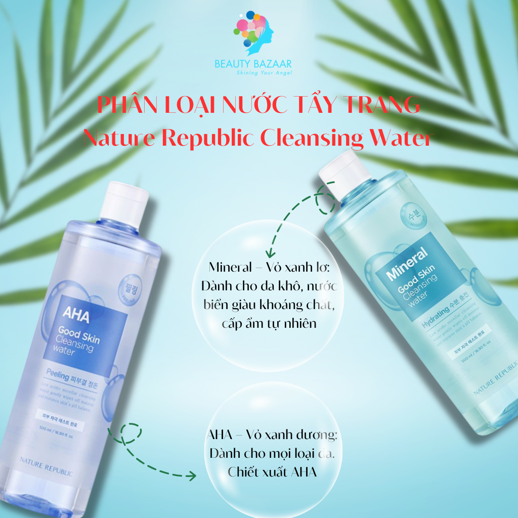 Nước tẩy trang Nature Republic Cleansing Water tẩy trang mắt môi mặt cho da dầu mụn da nhạy cảm da khô 500m