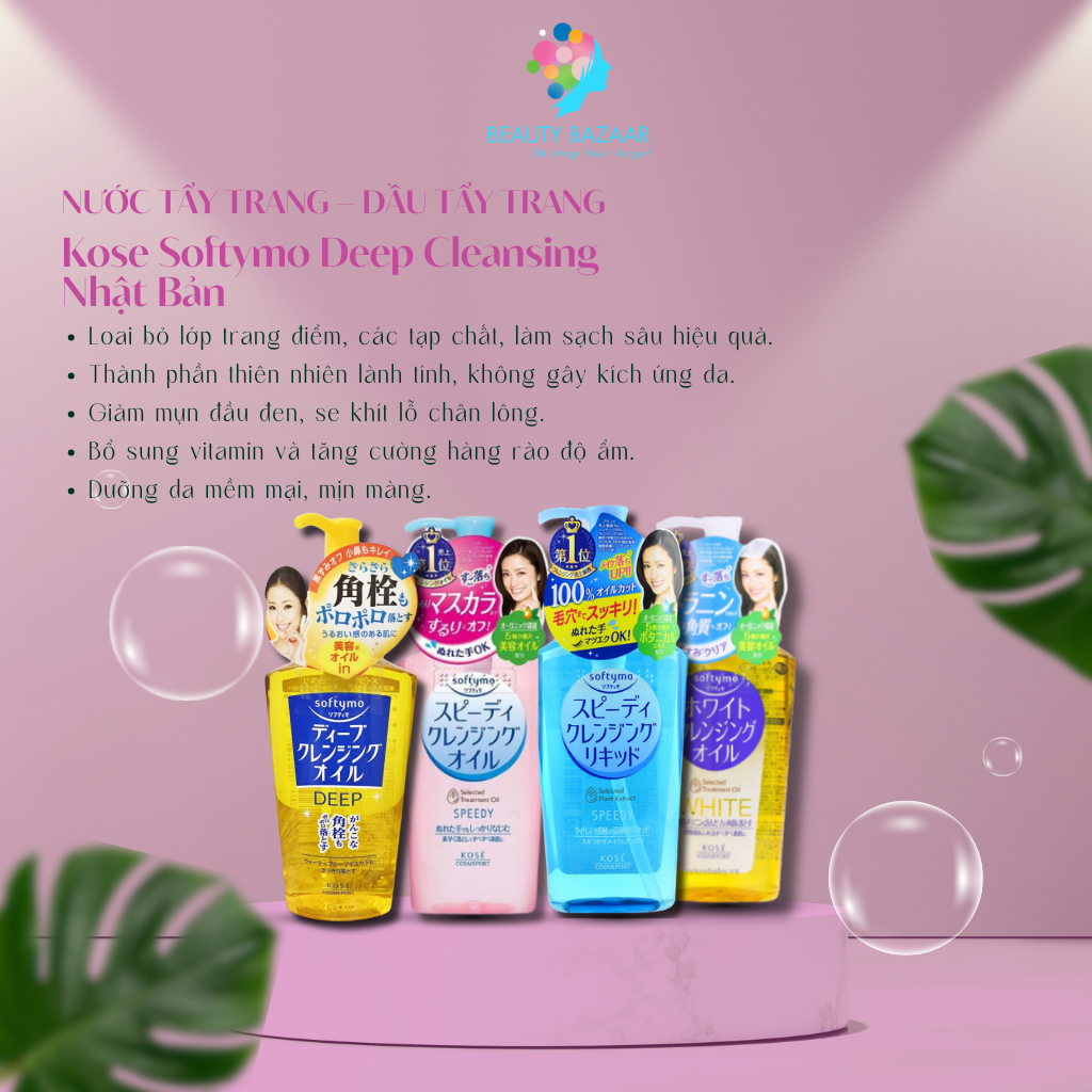 Tẩy trang sạch sâu dịu nhẹ cho da dầu mụn da khô da nhạy cảm Kose Softymo Cleansing dạng nước và dầu tẩy trang - Nhật Bản 230ml 200ml