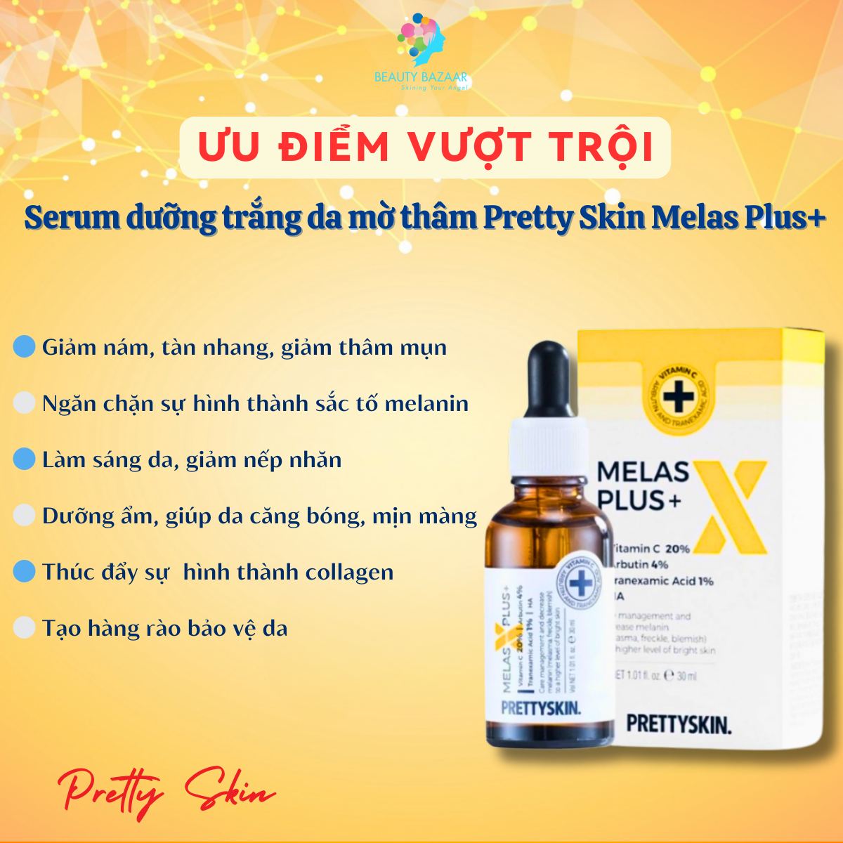 Serum dưỡng trắng da mặt, mờ thâm Vitamin C Pretty Skin Melas Plus+ Vitamin C 20% Arbutin 4% - Hàn Quốc 30ml