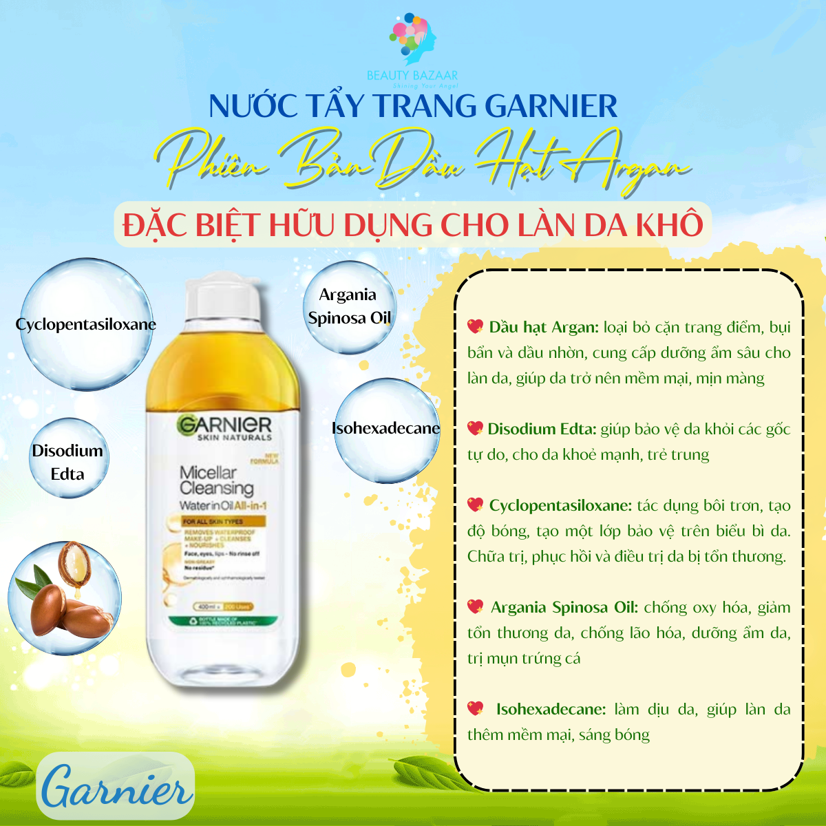 Nước tẩy trang Garnier Micellar Cleansing Water tẩy trang da mặt dịu nhẹ sạch sâu - Garnier vàng, xanh và hồng