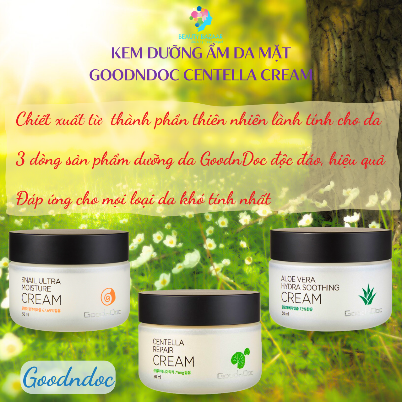 Kem dưỡng ẩm da mặt GoodnDoc Centella Cream Rau má - Ốc sên - Lô hội Chính hãng Hàn Quốc 120g