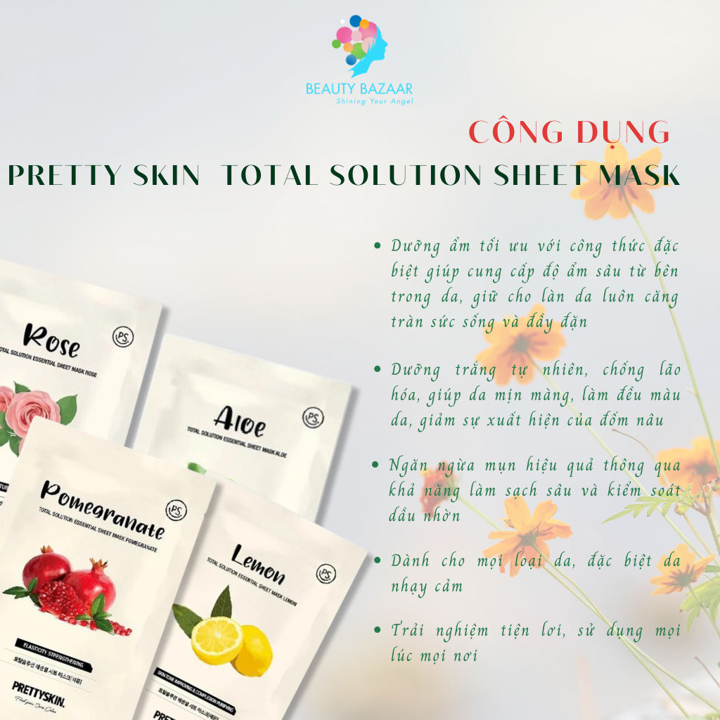 Mặt nạ giấy dưỡng ẩm, dưỡng trắng, ngừa mụn lô hội, diếp cá mật ong, nhân sâm Pretty Skin Total Solution Sheet Mask Hàn Quốc - 23g