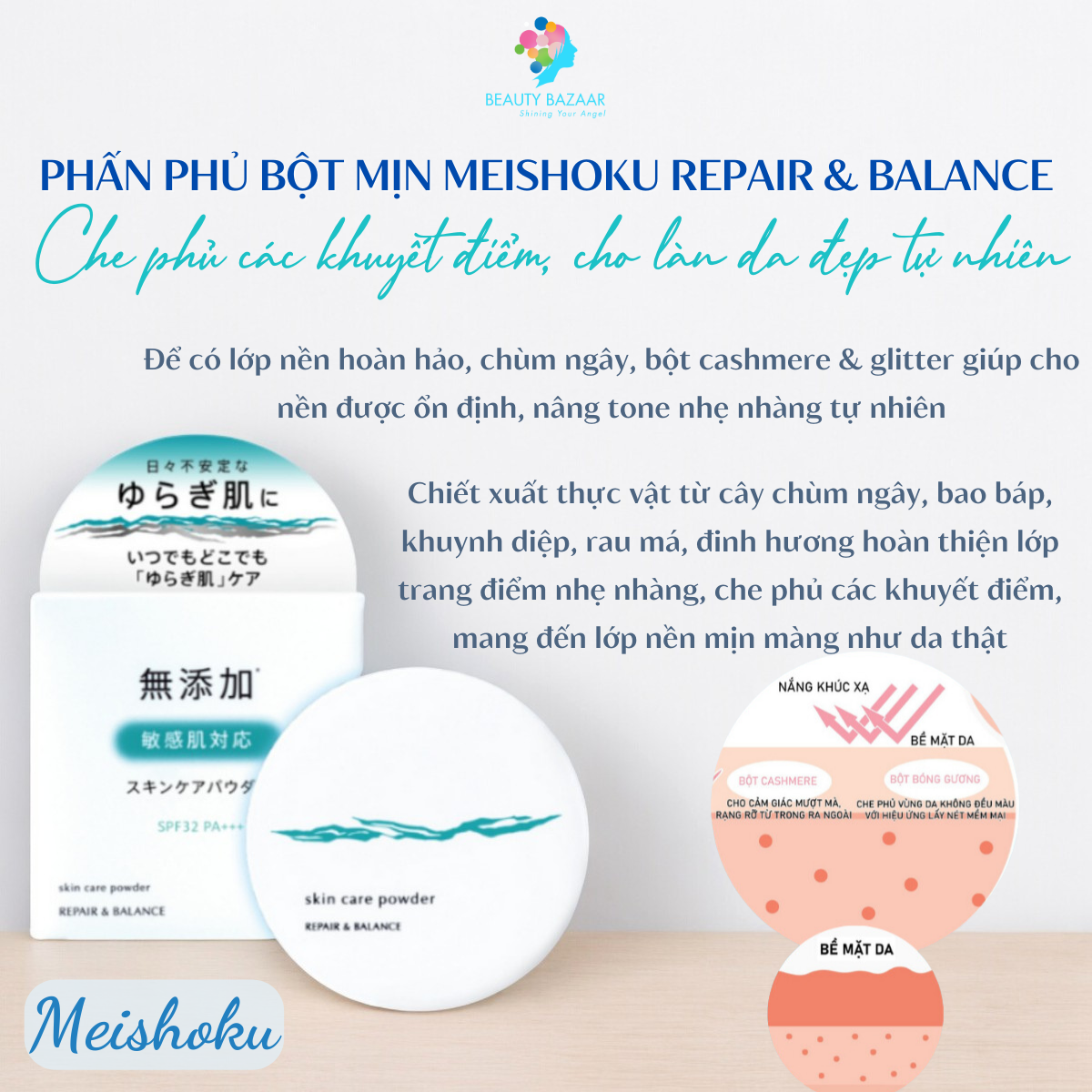 Phấn phủ nâng tone chống nắng che phủ Meishoku Repair and Balance Skin Care Powder SPF32 PA+++ - Nhật Bản
