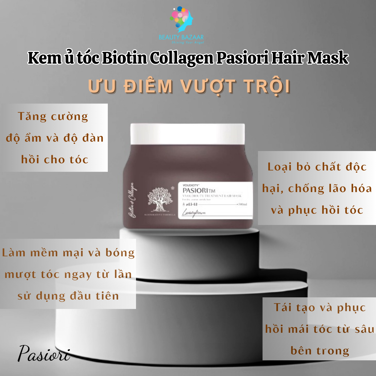 Kem ủ tóc dầu ủ tóc hấp tóc dưỡng tóc siêu mượt Biotin Collagen Pasiori Hair Mask 500ml