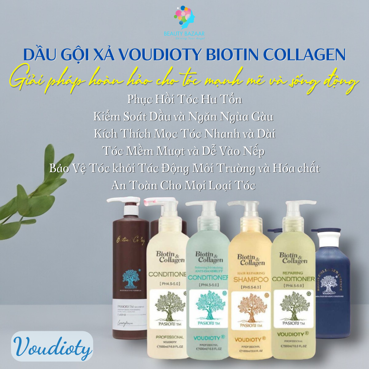 Dầu gội xả ngừa gàu, nấm da đầu, ngăn rụng, giúp mọc tóc, cho tóc đen nhuộm cả nam, nữ Voudioty Biotin Collagen