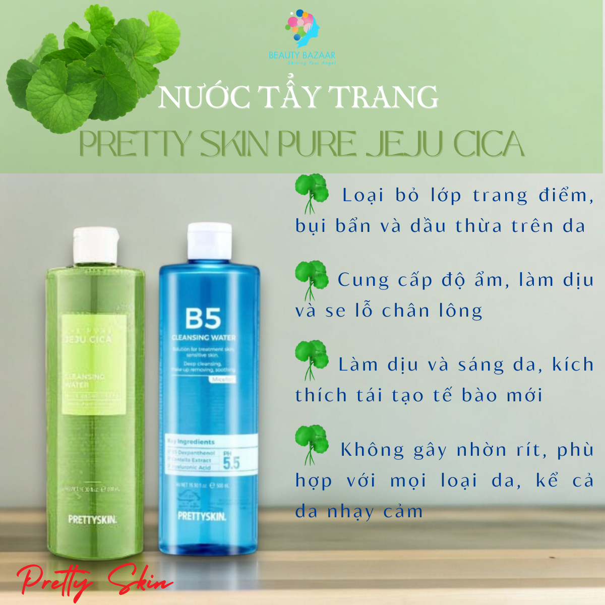 Nước tẩy trang rau má nước tẩy trang B5 cho da mụn nhạy cảm Pretty Skin Pure Jeju Cica B5 Cleansing Water - Hàn Quốc 500ml