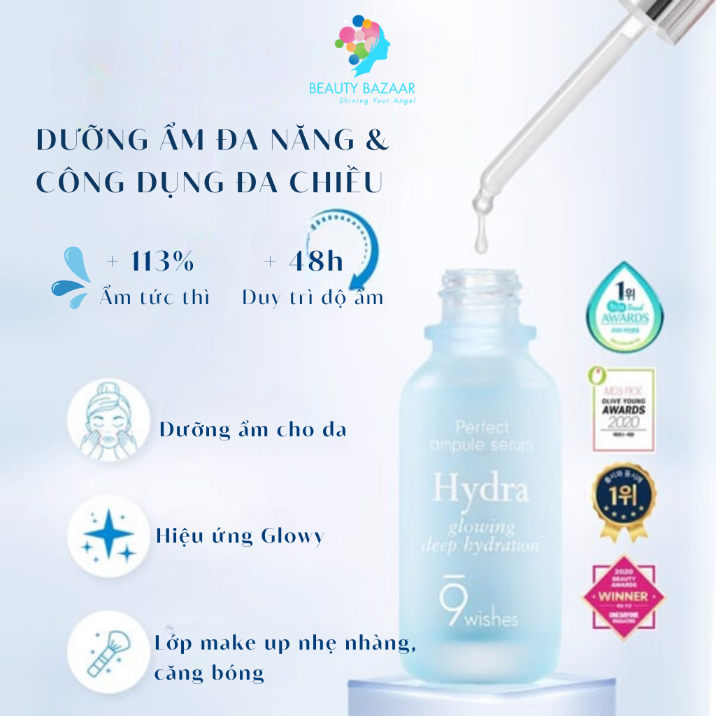 Serum 9wishes Ampule Hydra dưỡng ẩm và Miracle White dưỡng trắng da chống lão hoá chính hãng Hàn Quốc 25ml