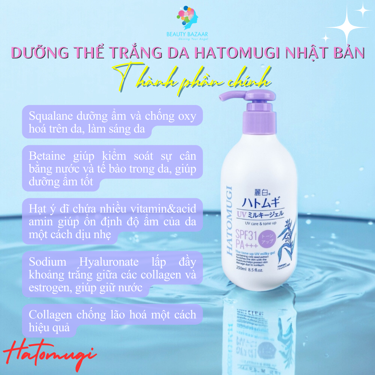 Sữa dưỡng thể trắng da nâng tone và chống nắng Hatomugi Body Milk SPF31 PA+++ - Nhật Bản 250ml