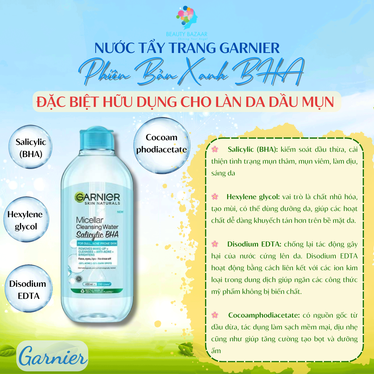 Nước tẩy trang dịu nhẹ sạch sâu Garnier Micellar Cleansing Water - vàng, xanh và hồng chính hãng 400ml