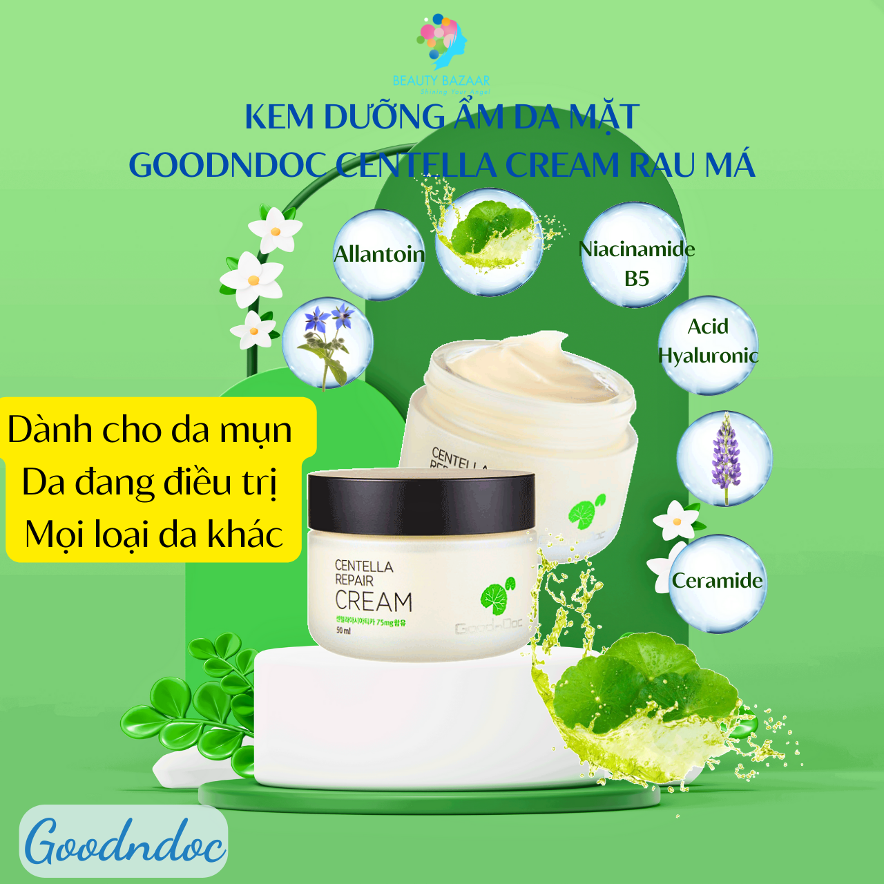 Kem dưỡng ẩm da mặt GoodnDoc Centella Cream Rau má - Ốc sên - Lô hội Chính hãng Hàn Quốc 120g