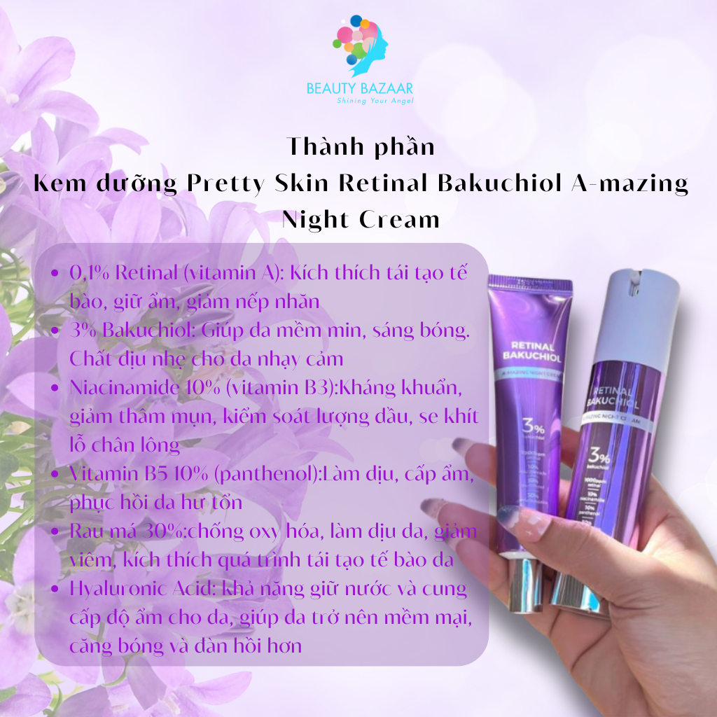 Kem dưỡng ẩm, phục hồi, trẻ hóa làn da Pretty Skin Retinal Bakuchiol Amazing Night Cream - Hàn Quốc 30ml