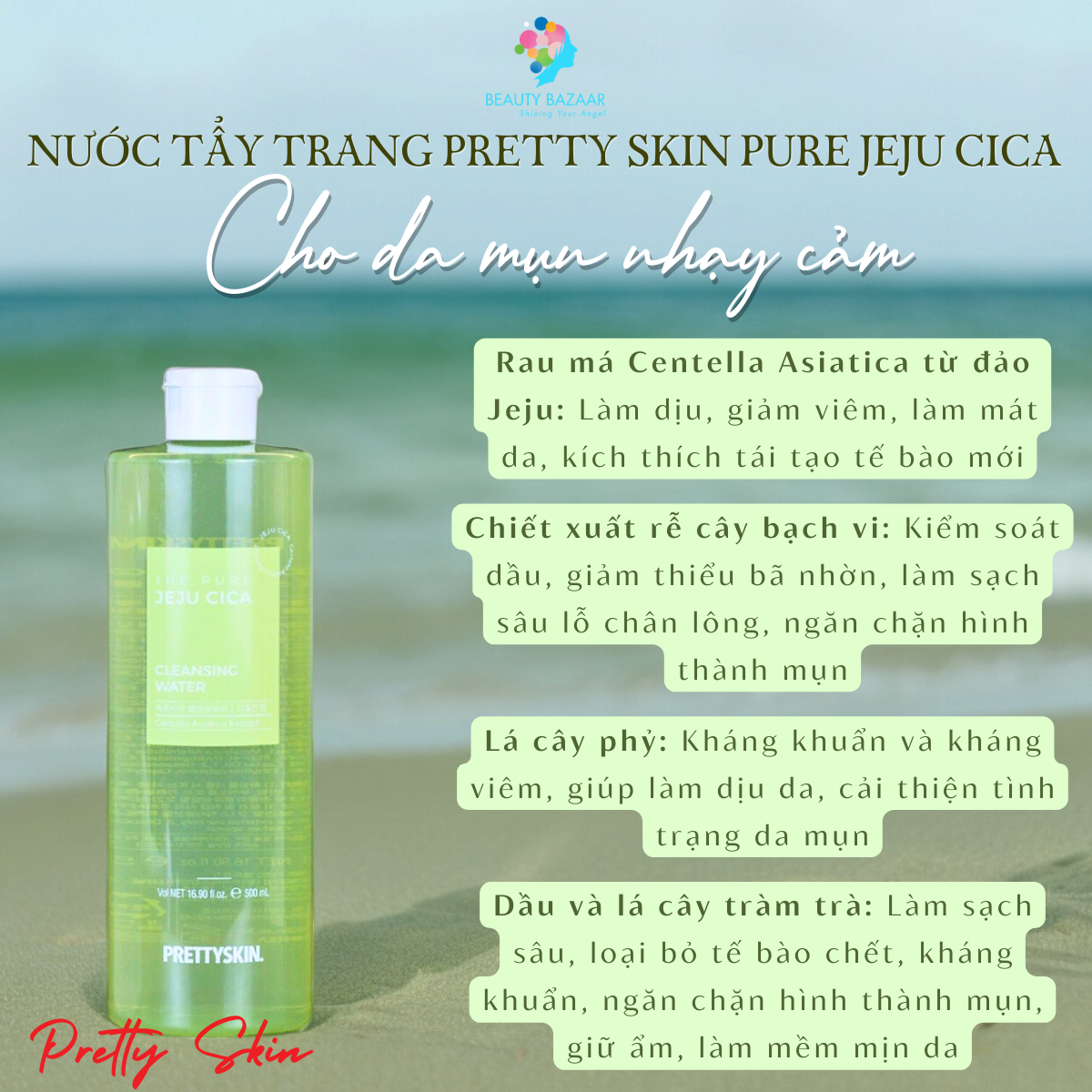 Nước tẩy trang rau má nước tẩy trang B5 cho da mụn nhạy cảm Pretty Skin Pure Jeju Cica B5 Cleansing Water - Hàn Quốc 500ml