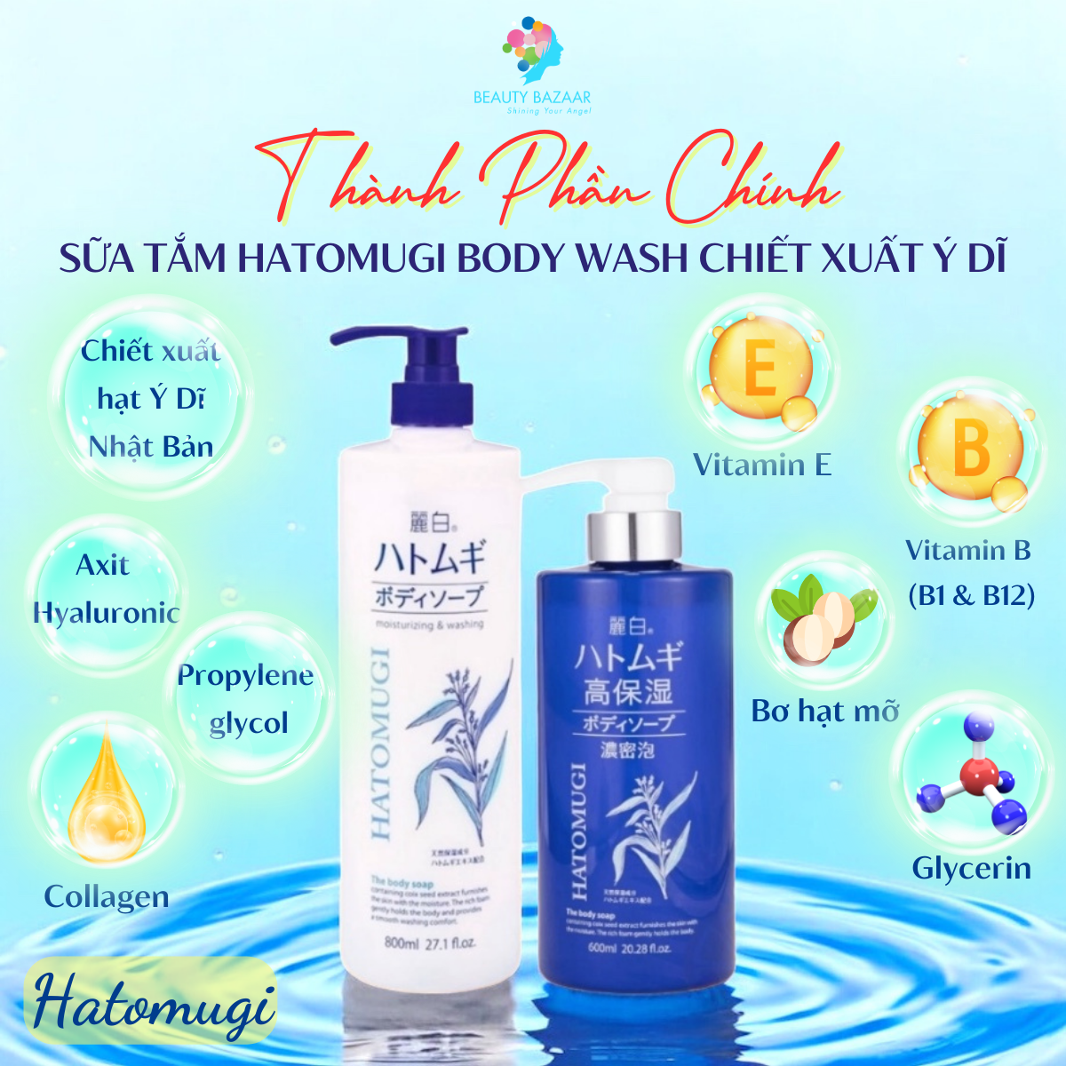 Sữa tắm trắng da toàn thân lưu hương thơm lâu chiết xuất ý dĩ Hatomugi Body Wash - Nhật Bản 600ml 800ml