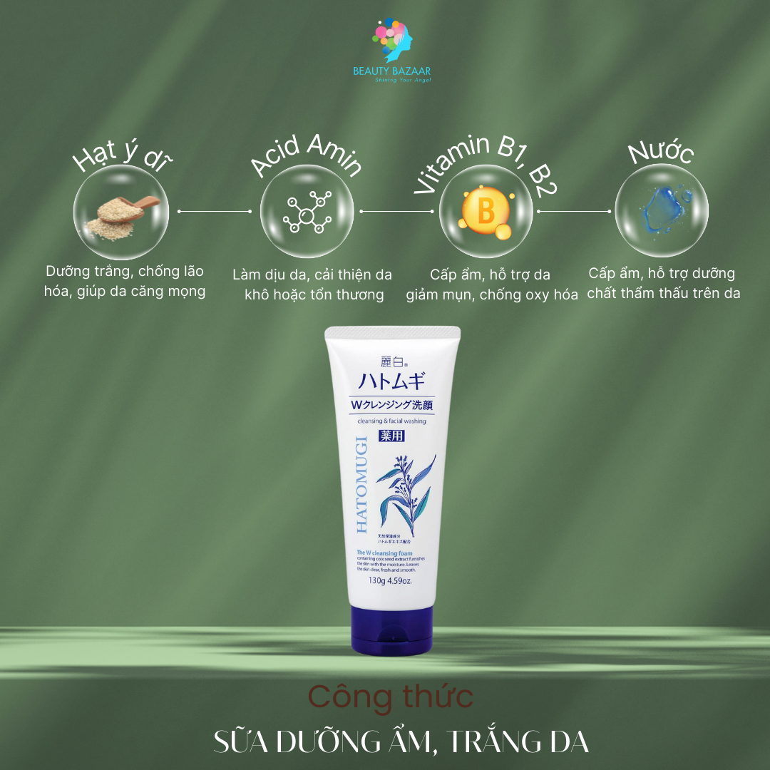 Sữa Rửa Mặt Trị Mụn Chiết Xuất Ý Dĩ Nhật Bản Hatomugi Acne Care & Facial Washing 130g