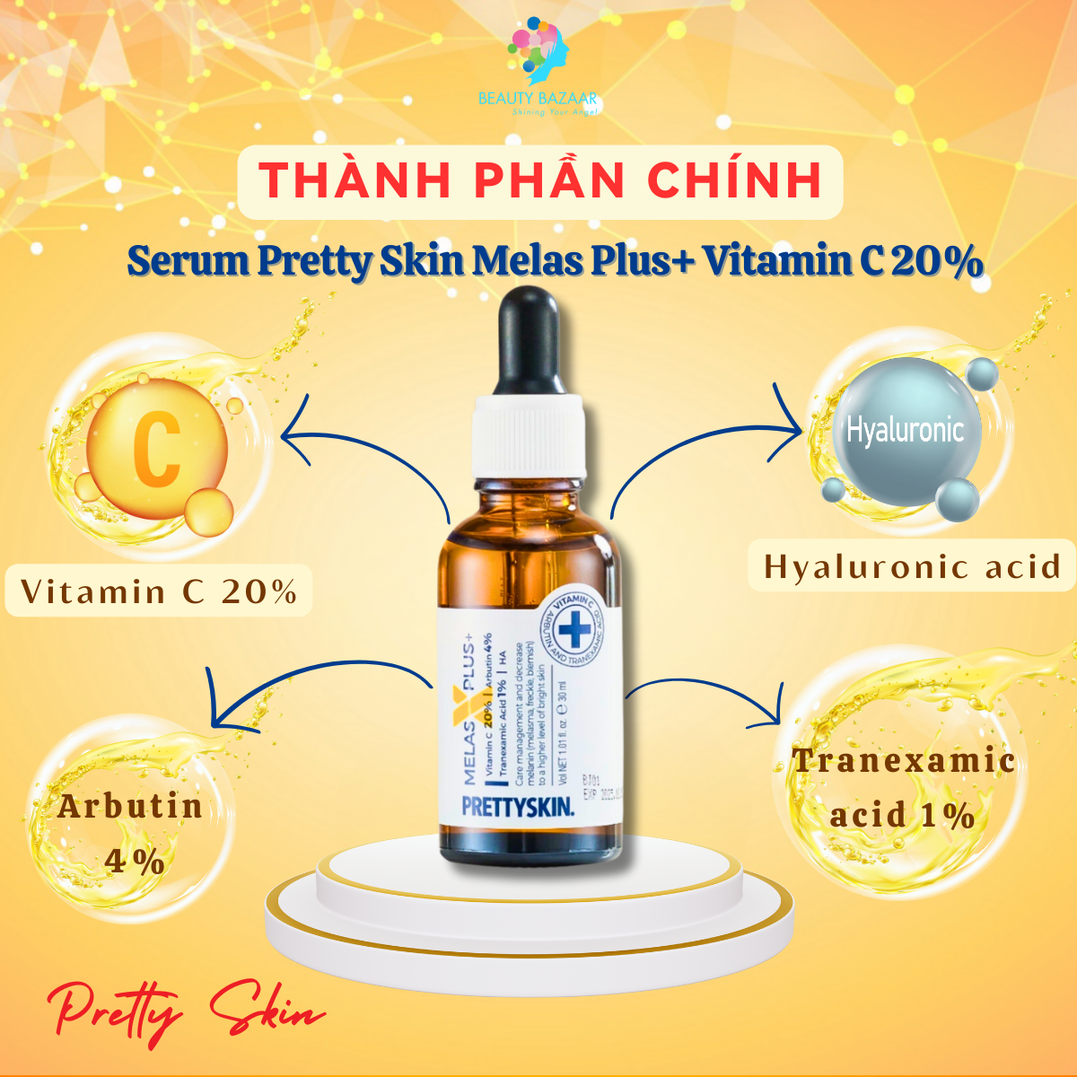 Tinh Chất Dưỡng Trắng Mờ Thâm PrettySkin Melas x Plus Whitening Care & Anti - Wrinkle 30ml