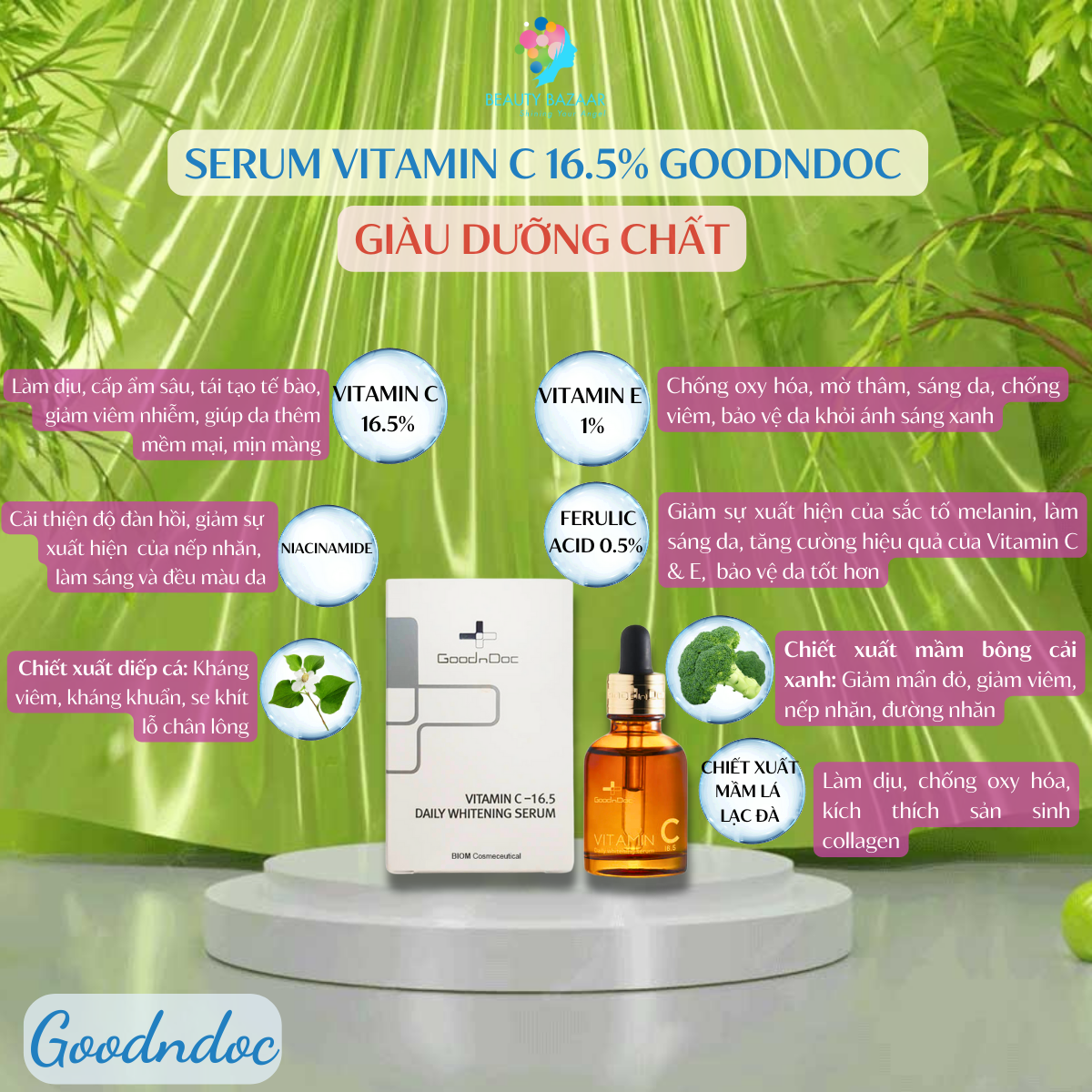 Serum Vitamin C dưỡng sáng mờ thâm nám Vitamin C 16,5% GoodnDoc Whitening Serum Mmall chính hãng 30ml