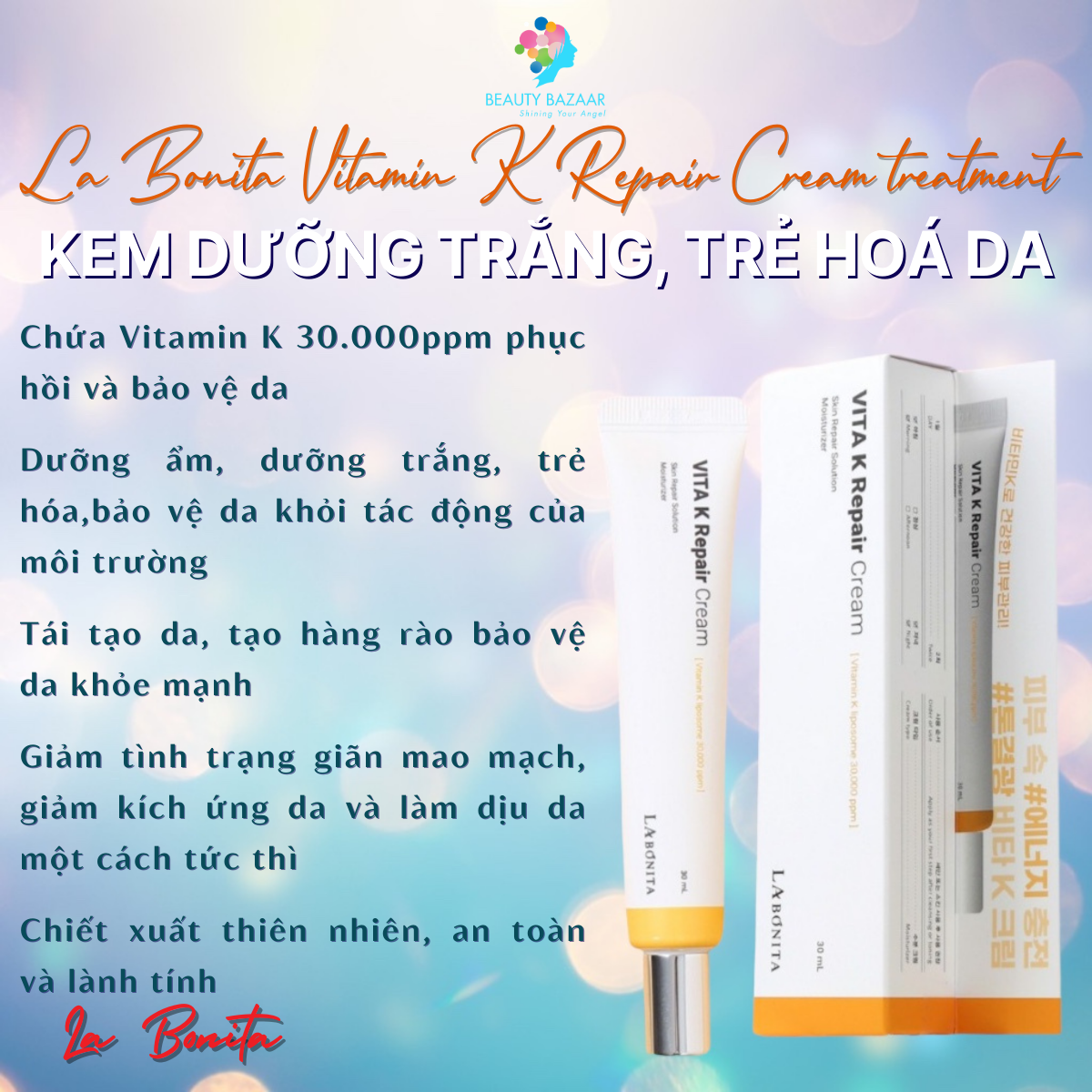 Kem dưỡng phục hồi dưỡng trắng sáng trẻ hoá da La Bonita Vitamin K Repair Cream – Hàn Quốc 30ml