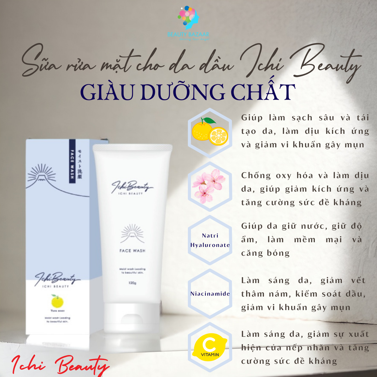 Sữa rửa mặt cho da dầu Ichi Beauty chiết xuất cam Yuzu Nhật Bản chính hãng 120g