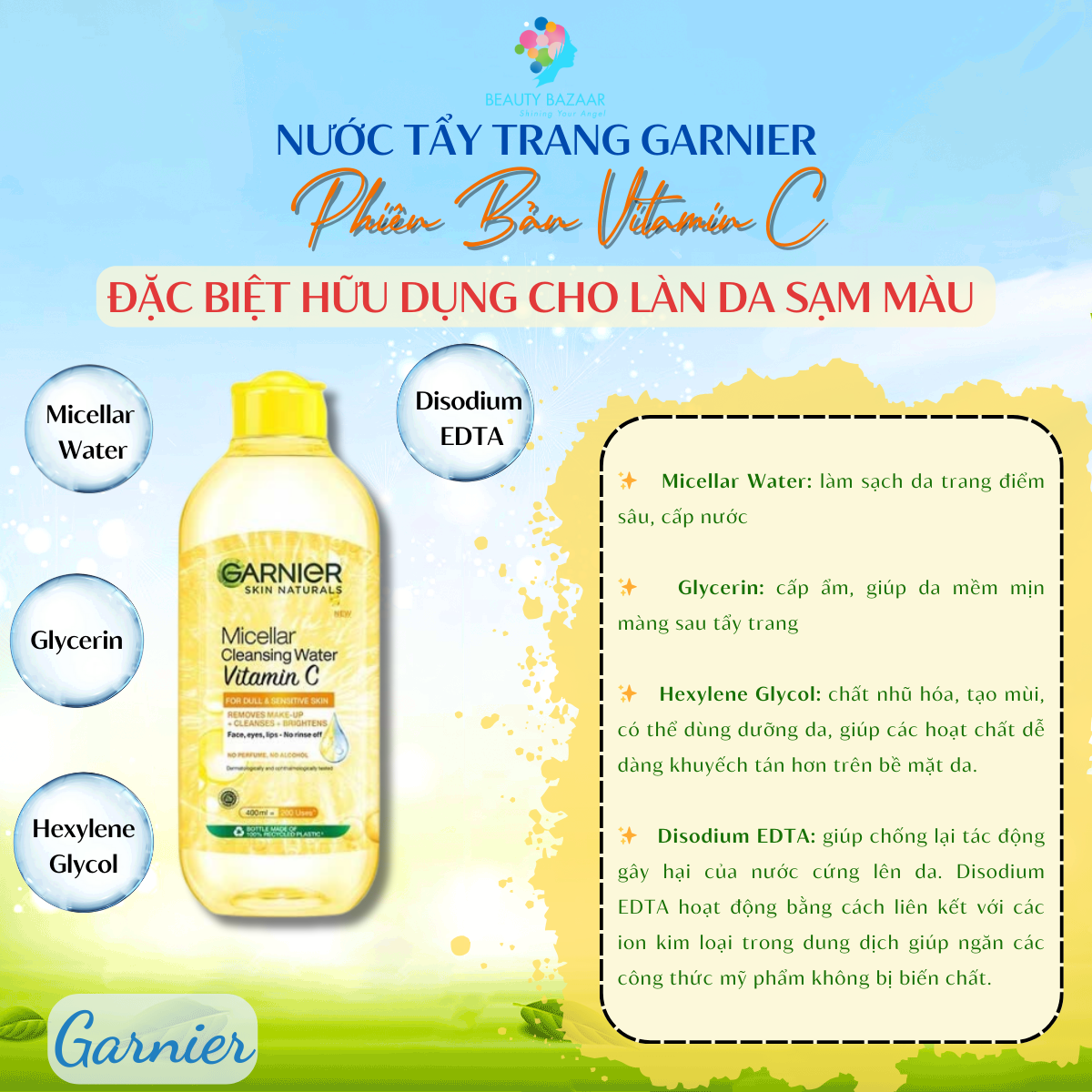 Nước tẩy trang dịu nhẹ sạch sâu Garnier Micellar Cleansing Water - vàng, xanh và hồng chính hãng 400ml