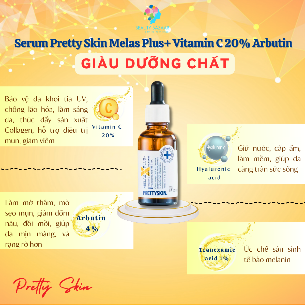 Tinh Chất Dưỡng Trắng Mờ Thâm PrettySkin Melas x Plus Whitening Care & Anti - Wrinkle 30ml