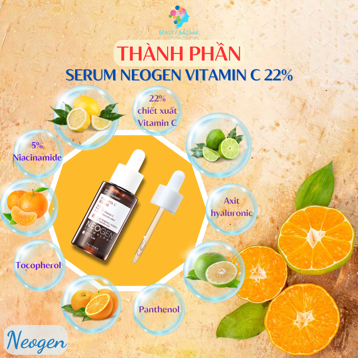 Serum Vitamin C dưỡng trắng da căng bóng Neogen Vitamin C 22% Niacinamide 5% cho da dầu mụn 32ml