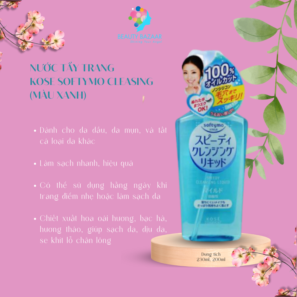 Tẩy trang sạch sâu dịu nhẹ cho da dầu mụn da khô da nhạy cảm Kose Softymo Cleansing dạng nước và dầu tẩy trang - Nhật Bản 230ml 200ml