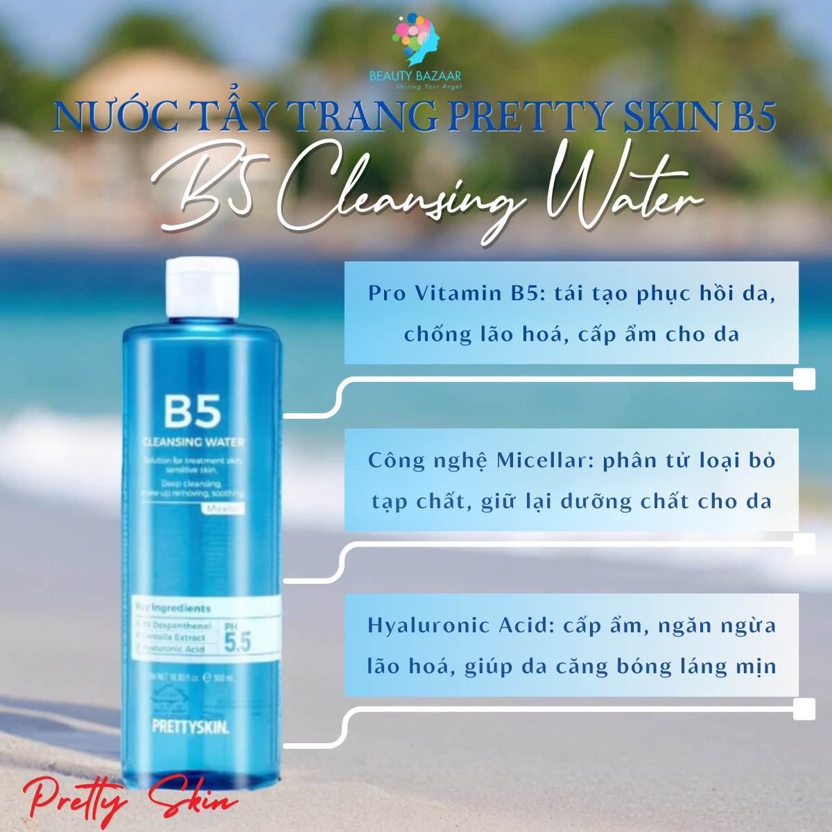 Nước tẩy trang rau má nước tẩy trang B5 cho da mụn nhạy cảm Pretty Skin Pure Jeju Cica B5 Cleansing Water - Hàn Quốc 500ml