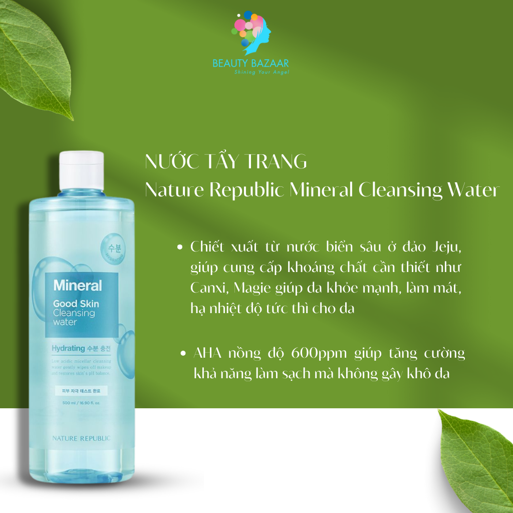 Nước tẩy trang Nature Republic Cleansing Water tẩy trang mắt môi mặt cho da dầu mụn da nhạy cảm da khô 500m