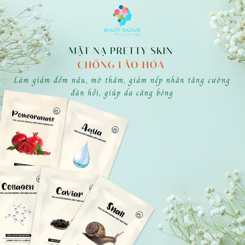 Mặt nạ giấy dưỡng ẩm, dưỡng trắng, ngừa mụn lô hội, diếp cá mật ong, nhân sâm Pretty Skin Total Solution Sheet Mask Hàn Quốc - 23g