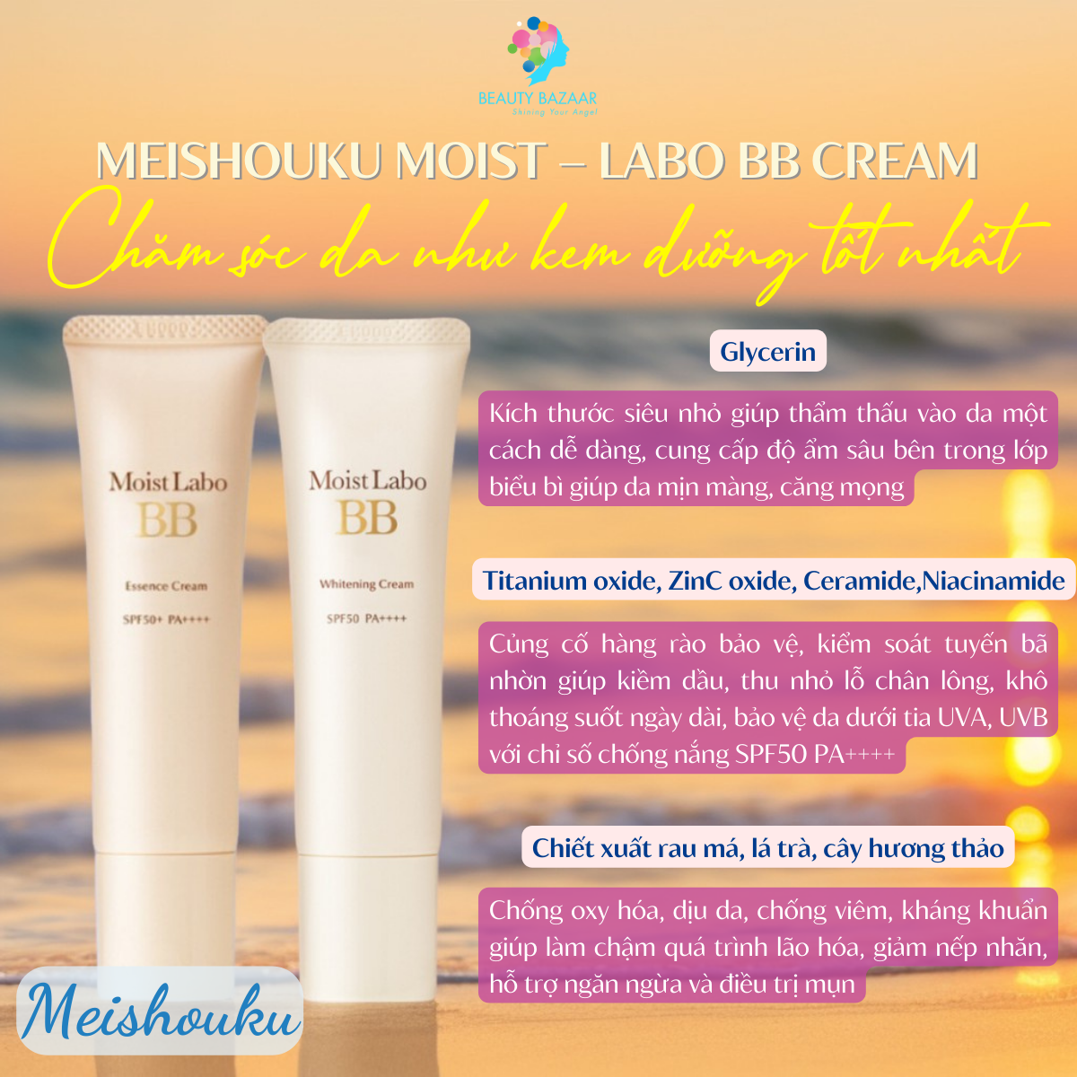Kem chống nắng kiềm dầu che khuyết điểm tạo lớp lót trang điểm lâu trôi 24h Meishoku Moist - Labo BB Cream – Nhật Bản