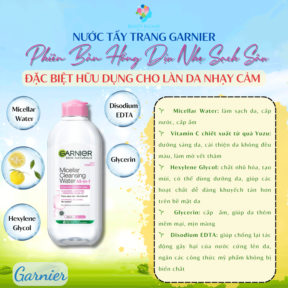 Nước tẩy trang Garnier Micellar Cleansing Water tẩy trang da mặt dịu nhẹ sạch sâu - Garnier vàng, xanh và hồng