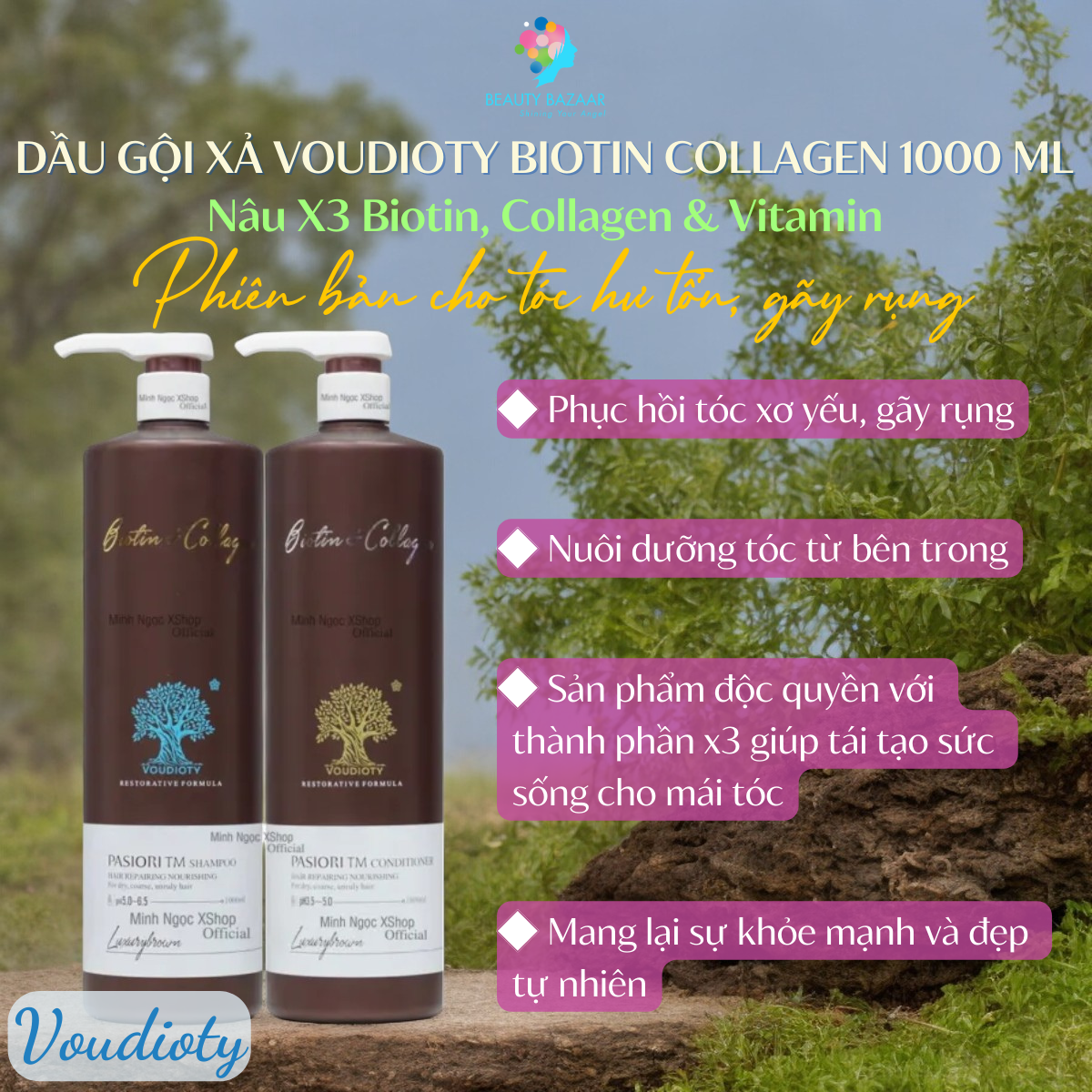 Dầu gội xả ngừa gàu, nấm da đầu, ngăn rụng, giúp mọc tóc, cho tóc đen nhuộm cả nam, nữ Voudioty Biotin Collagen