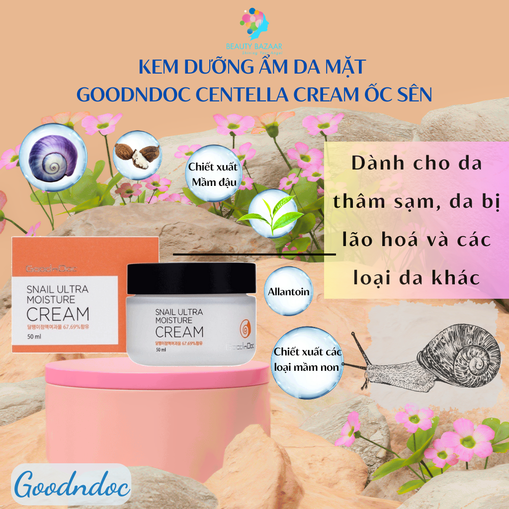 Kem dưỡng ẩm da mặt GoodnDoc Centella Cream Rau má - Ốc sên - Lô hội Chính hãng Hàn Quốc 120g