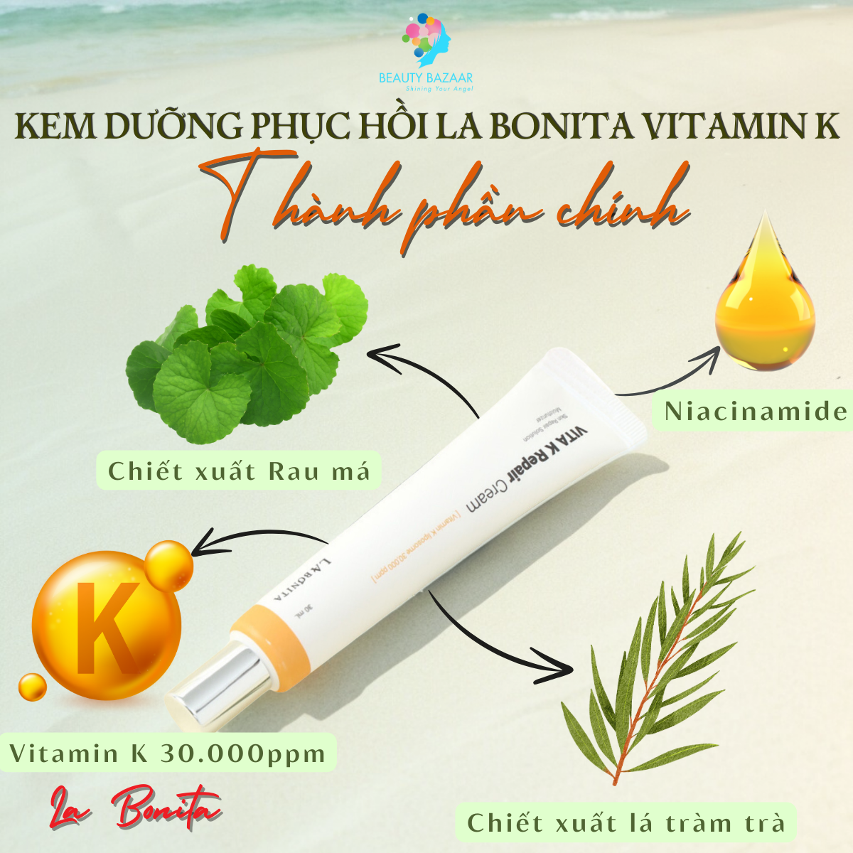 Kem dưỡng phục hồi dưỡng trắng sáng trẻ hoá da La Bonita Vitamin K Repair Cream – Hàn Quốc 30ml