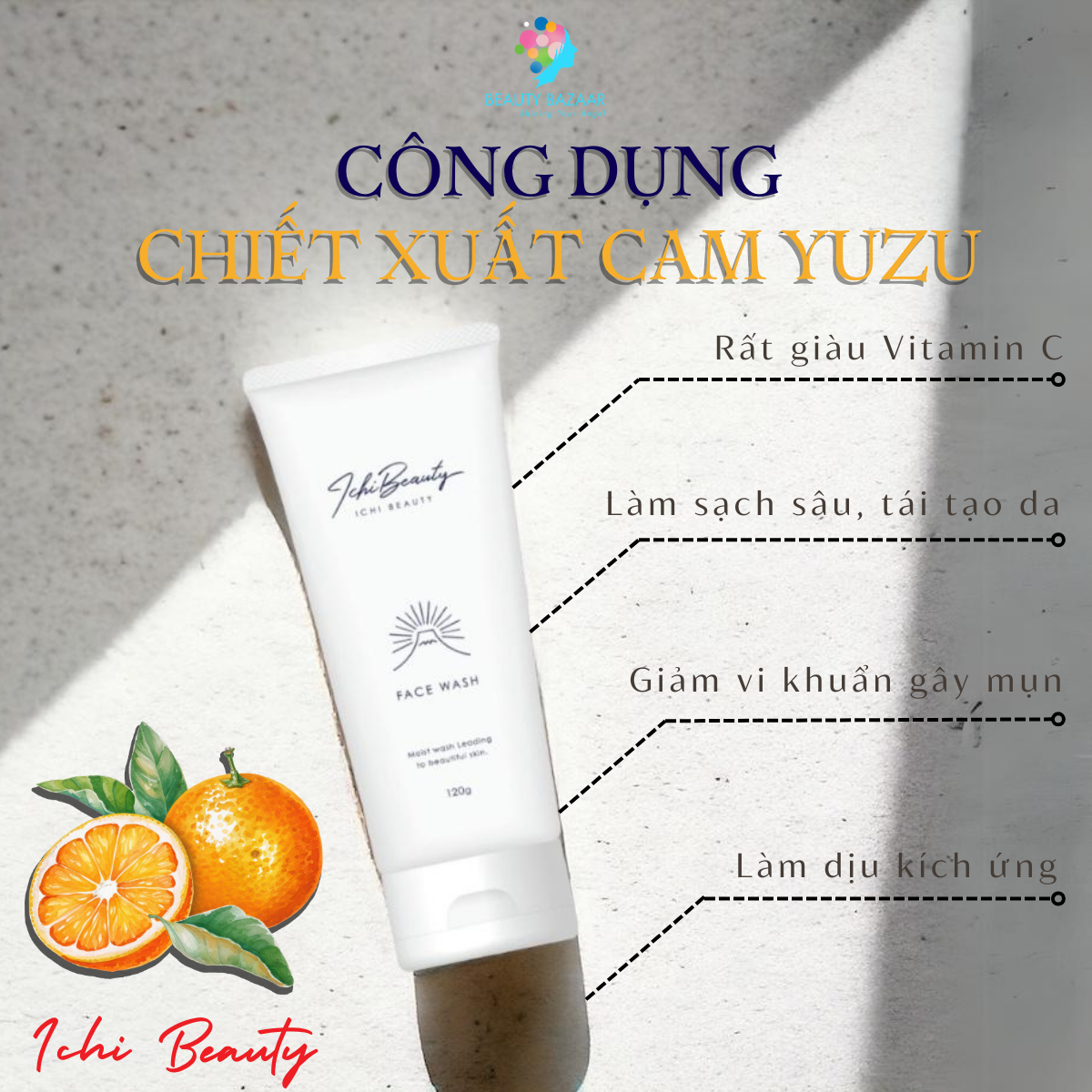 Sữa rửa mặt cho da dầu Ichi Beauty chiết xuất cam Yuzu Nhật Bản chính hãng 120g