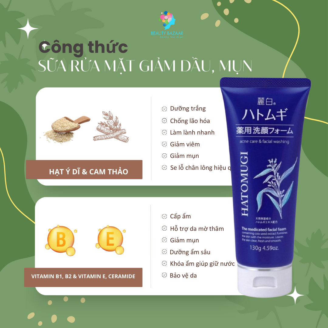 Sữa Rửa Mặt Trị Mụn Chiết Xuất Ý Dĩ Nhật Bản Hatomugi Acne Care & Facial Washing 130g