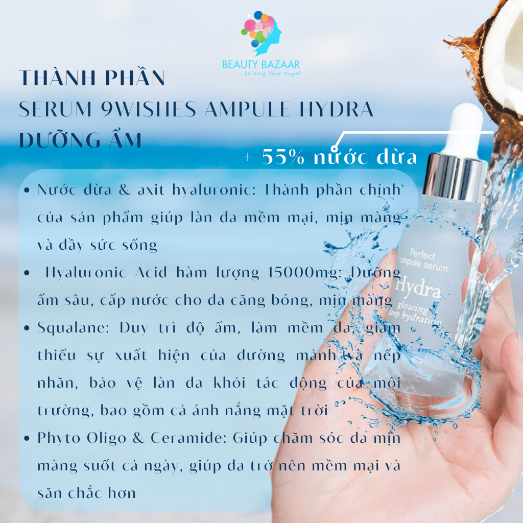Serum 9wishes Ampule Hydra dưỡng ẩm và Miracle White dưỡng trắng da chống lão hoá chính hãng Hàn Quốc 25ml