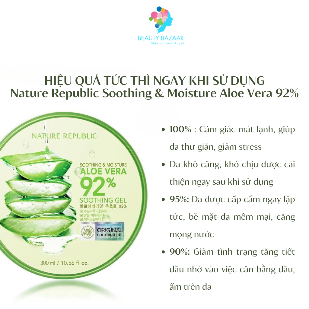 Gel lô hội dưỡng ẩm Nature Republic Soothing & Moisture Aloe Vera 92% gel nha đam - Hàn Quốc 300ml
