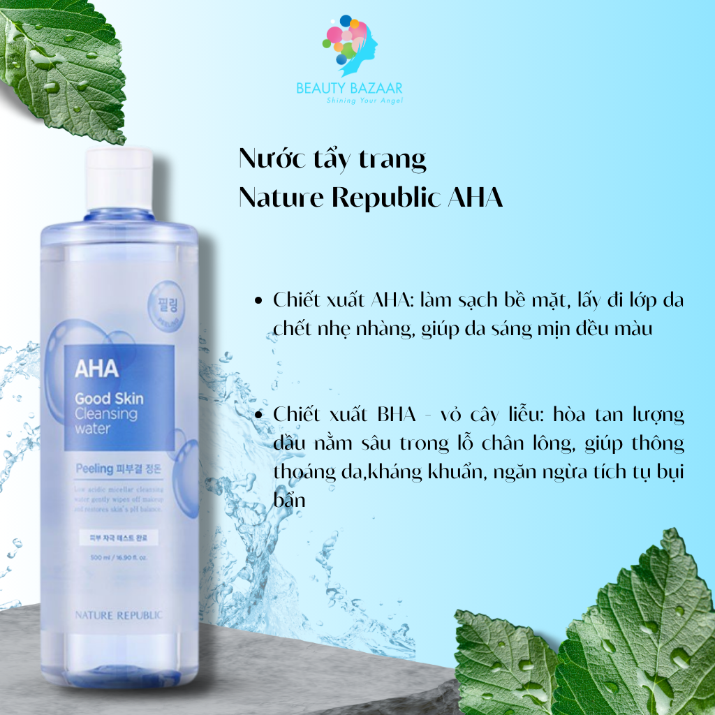 Nước tẩy trang Nature Republic Cleansing Water tẩy trang mắt môi mặt cho da dầu mụn da nhạy cảm da khô 500m