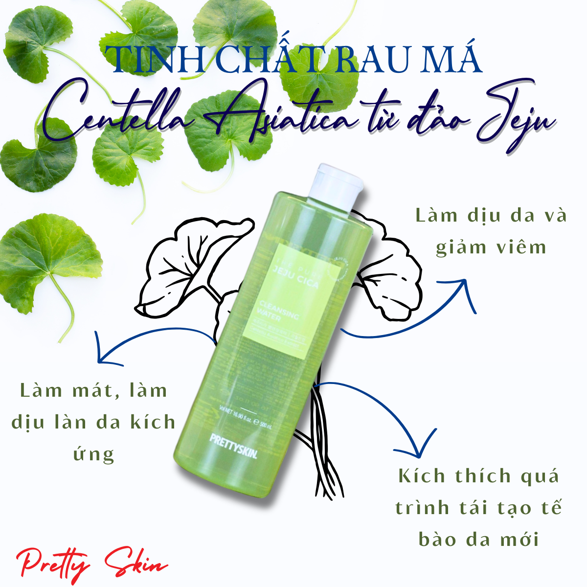 Tẩy Trang Rau Má Dịu Nhẹ PrettySkin The Pure Jeju Cica Cleansing Water 500ml