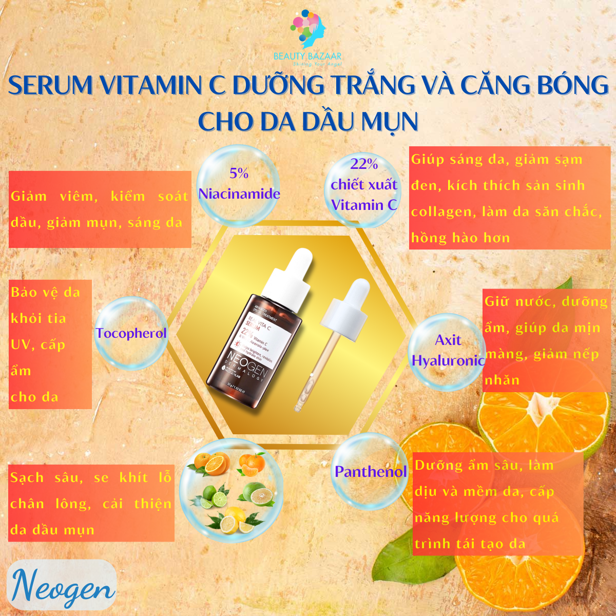 Serum Vitamin C dưỡng trắng da căng bóng Neogen Vitamin C 22% Niacinamide 5% cho da dầu mụn 32ml