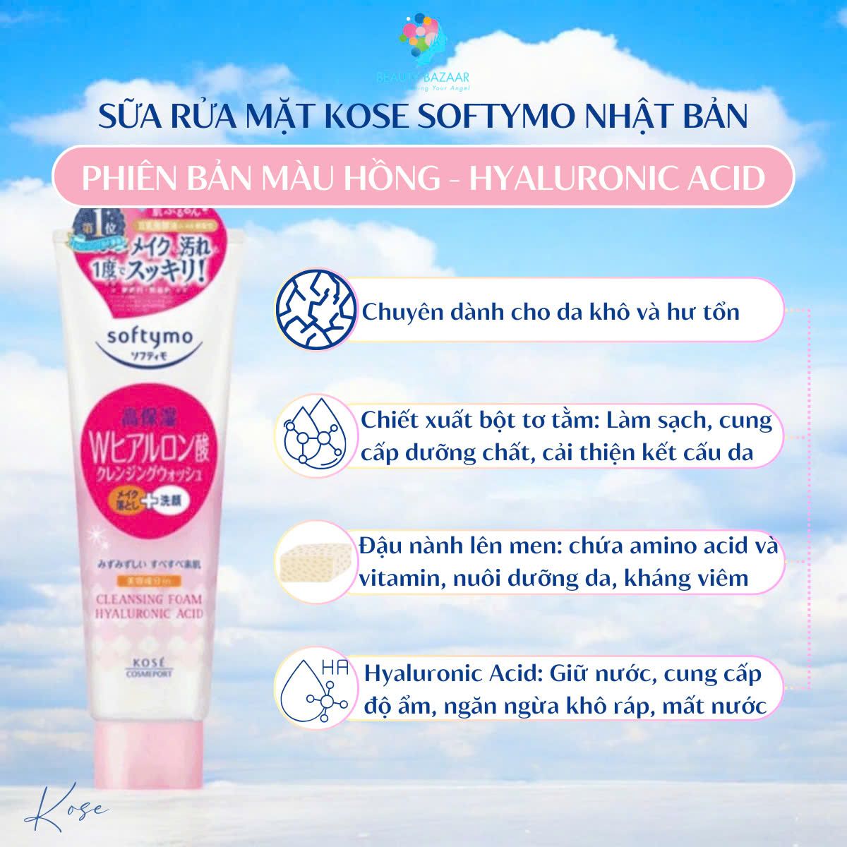 Sữa rửa mặt tẩy trang dưỡng ẩm Kose Softymo Nhật Bản sạch sâu cấp ẩm cho da khô da dầu mụn 190g 60g
