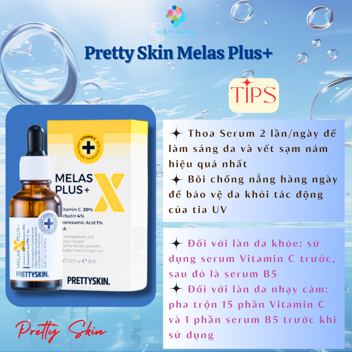 Serum dưỡng trắng da mặt, mờ thâm Vitamin C Pretty Skin Melas Plus+ Vitamin C 20% Arbutin 4% - Hàn Quốc 30ml