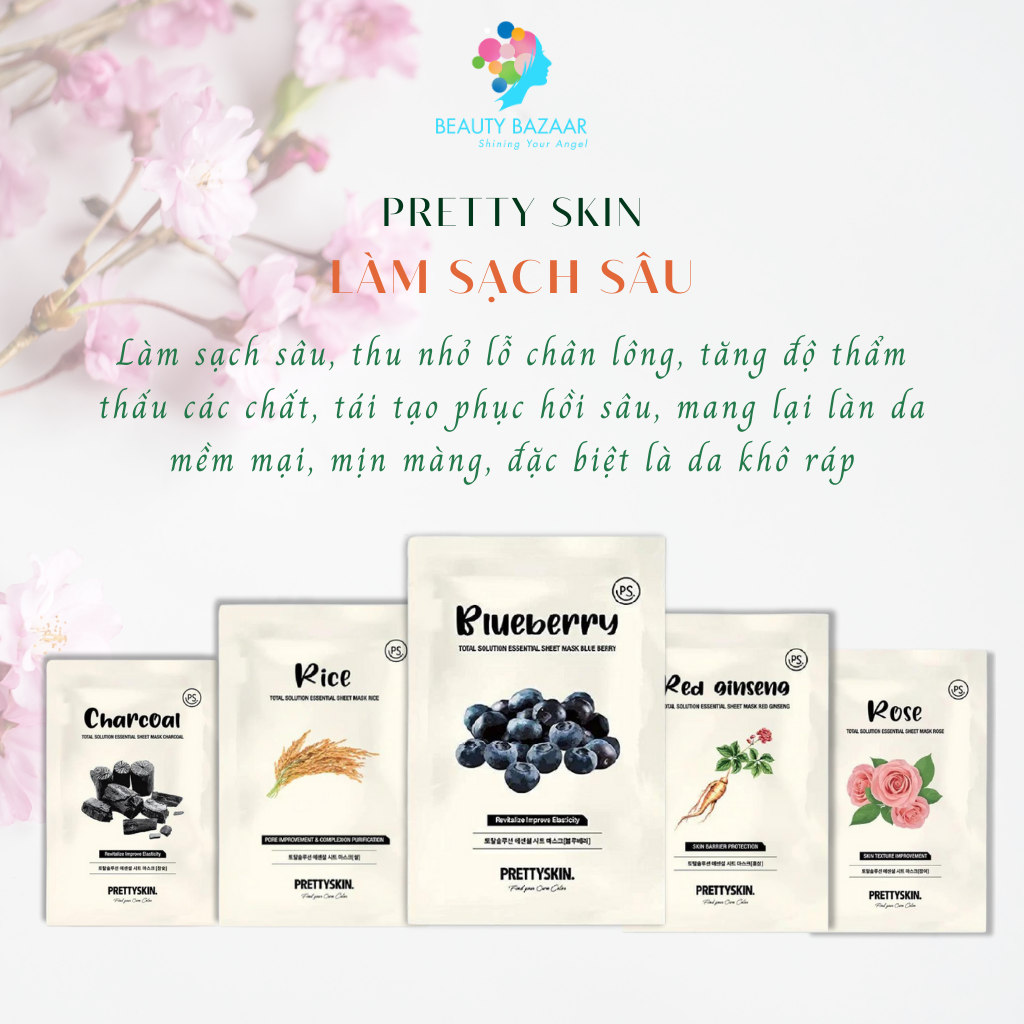 Mặt nạ giấy dưỡng ẩm, dưỡng trắng, ngừa mụn lô hội, diếp cá mật ong, nhân sâm Pretty Skin Total Solution Sheet Mask Hàn Quốc - 23g