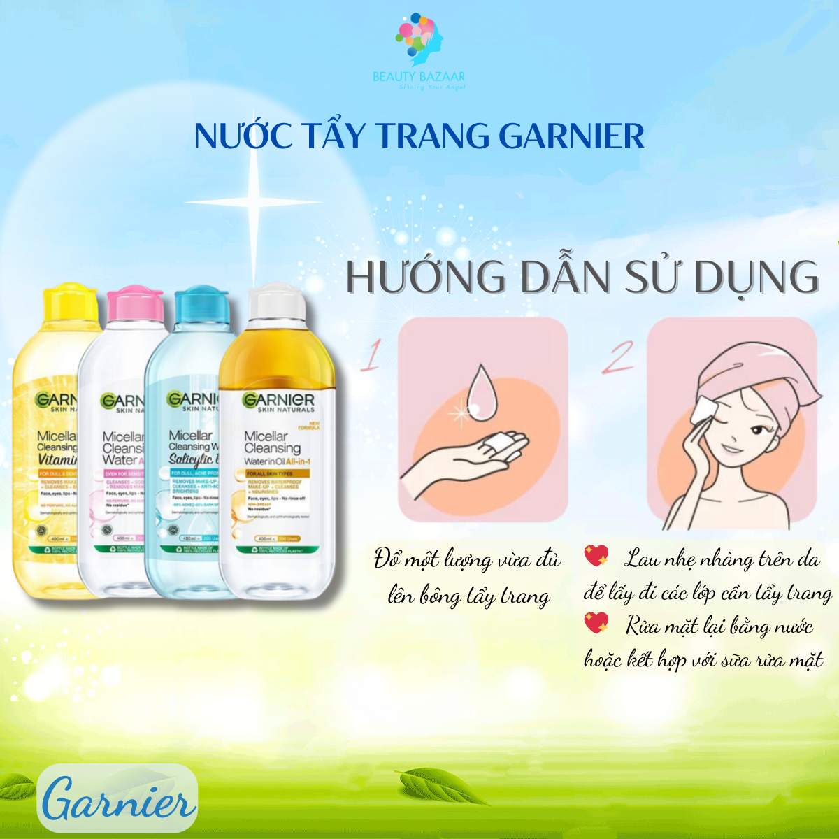 Nước tẩy trang dịu nhẹ sạch sâu Garnier Micellar Cleansing Water - vàng, xanh và hồng chính hãng 400ml