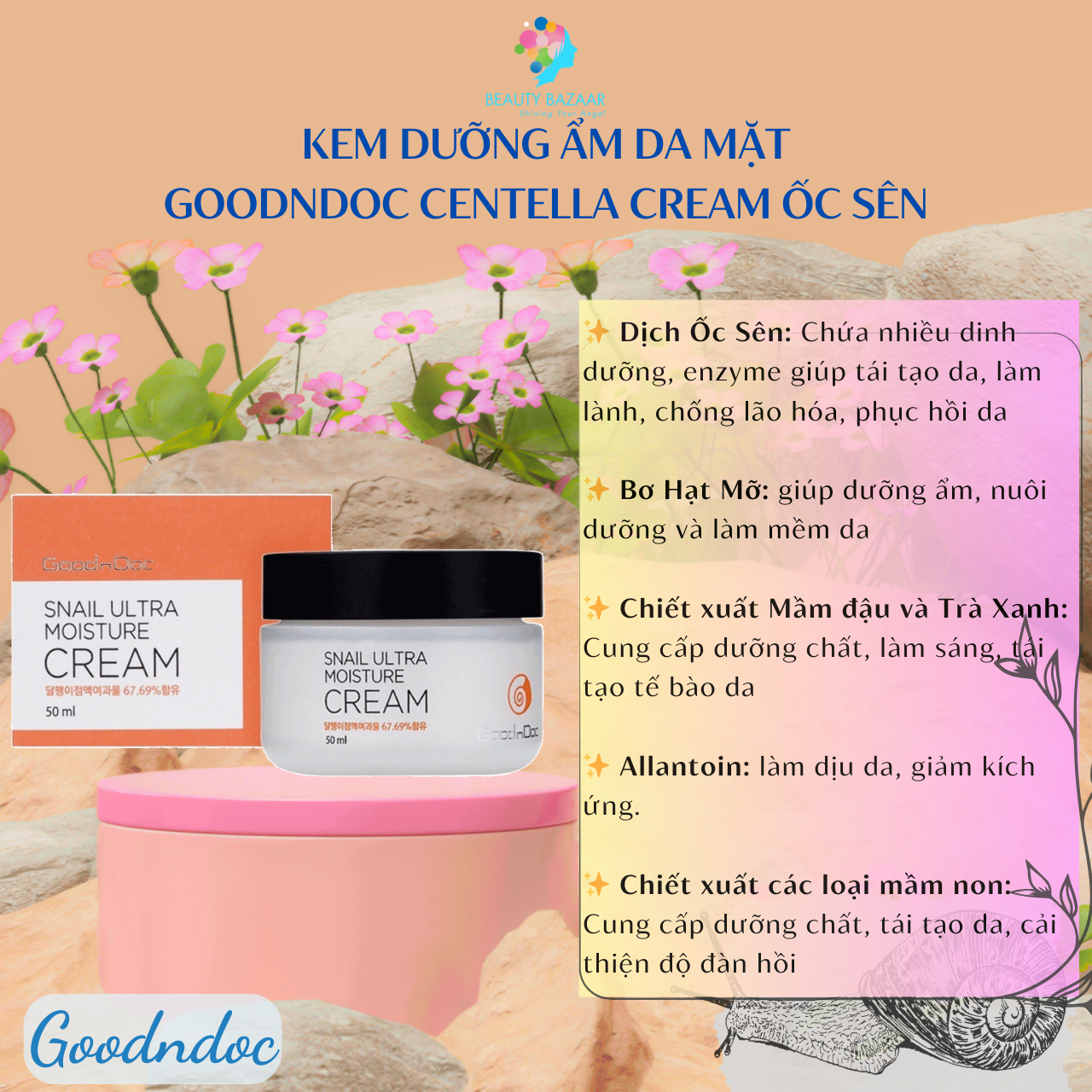 Kem dưỡng ẩm da mặt GoodnDoc Centella Cream Rau má - Ốc sên - Lô hội Chính hãng Hàn Quốc 120g